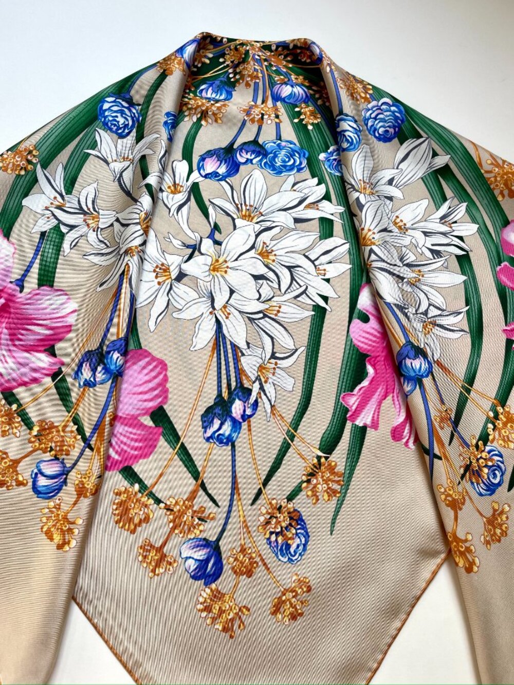 Display #4 Salvatore Ferragamo Pink Floral Silk Scarf with Gold Accents - Picture 11 of 12